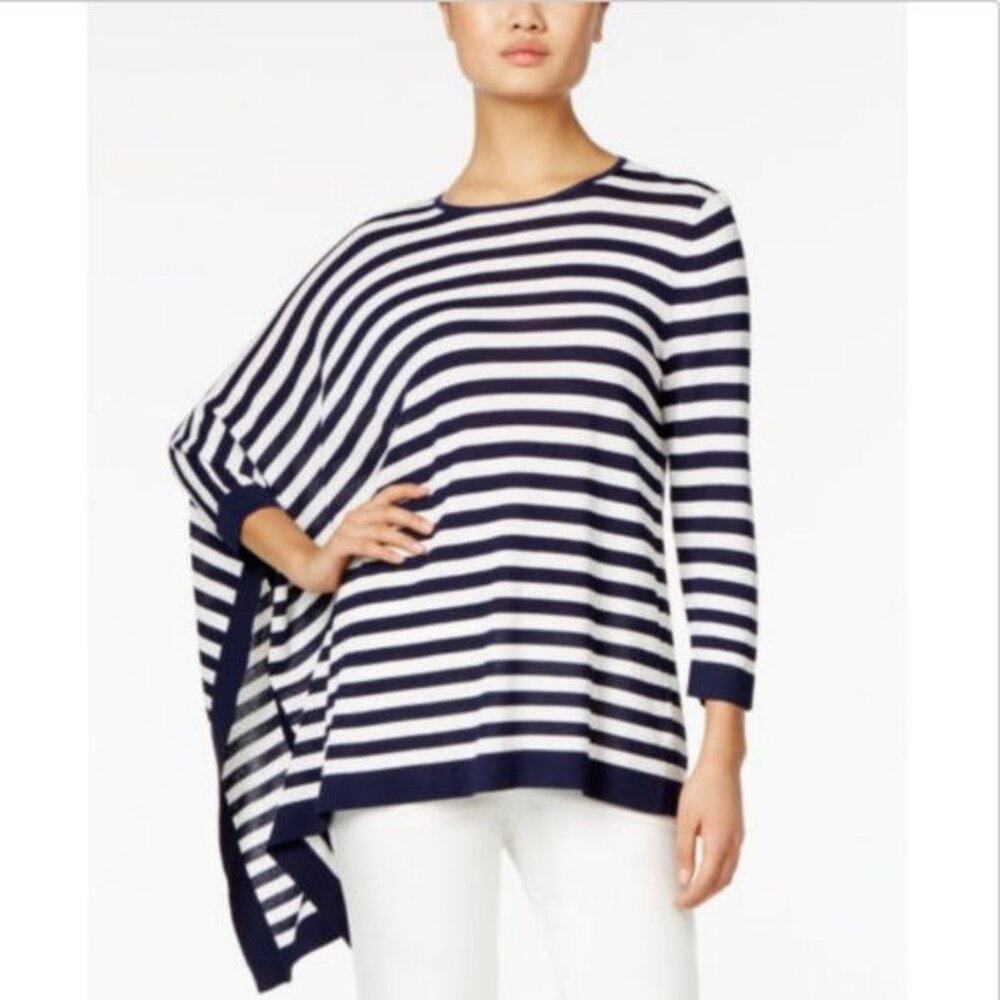 Anne Klein Asymetrical Striped Knit Sweater Women L Blue Preppy Nautical Classic